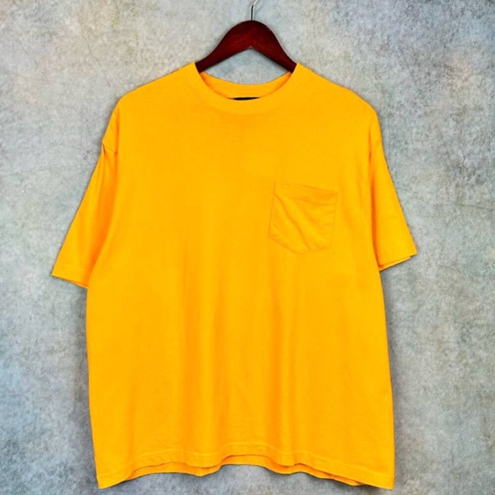 Vintage 90s Blank Yellow Pocket T Shirt Mens Sz M Single Stitch Basic Editions
